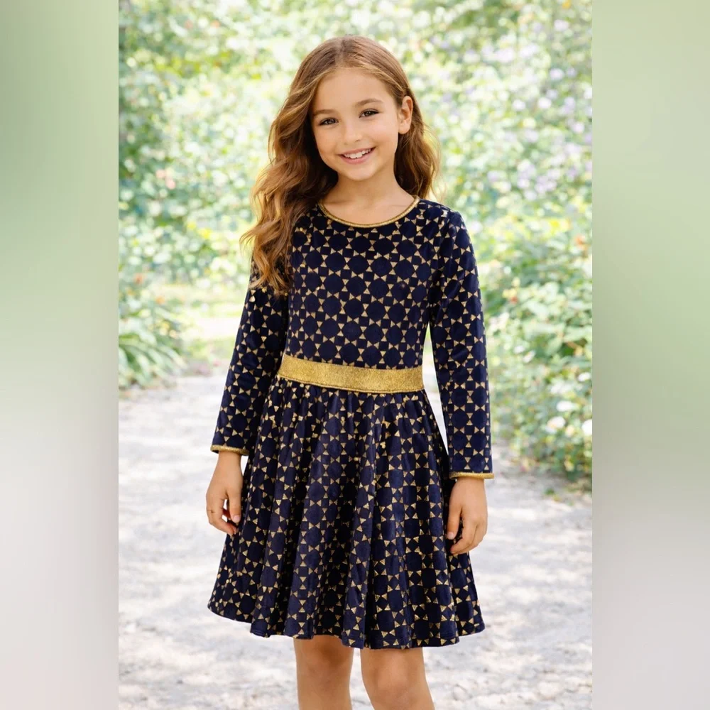 sz 7/6x Girls Dolls & Divas Stunning Navy/Gold Velvet Twirly‎ Skater Dress NWT
